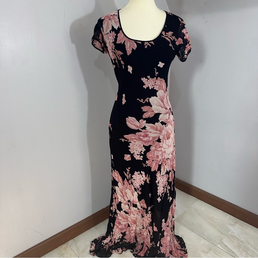 Vintage Y2K Floral Black Flowy Maxi Dress Whimsigoth Resort Formal Evening Bloom - Picture 3 of 15